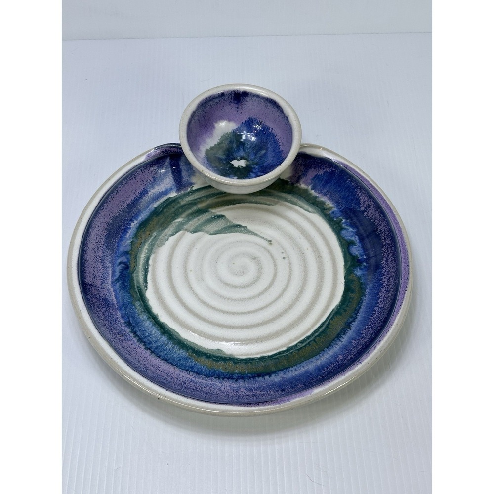 Sturbridge Pottery Handmade Chip & Dip Bowl‎ Purple Blue Green Glaze